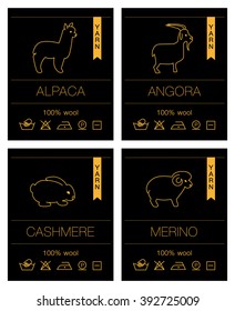  Labels set of sheep, alpaca, rabbit and goat wool products on black background.