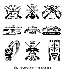 Labels set for shooting club. Illustrations of weapons, bullets, clay and guns. Emblem shooting sport club, vector badge skeet