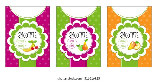 Labels set smoothies. Fruit set of labels on the bottle. Design smoothies, juice template. Vector illustration