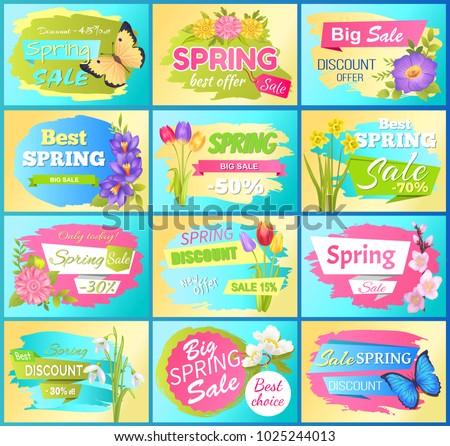 Labels set super offer spring big sale adverts snowdrops, anemone buds, branch of sakura and daisy flowers vector spring sale. Promo stickers springtime blossoms