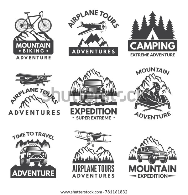 Labels set for travelers club. Vector\
monochrome pictures. Adventure travel and tour airplane, expedition\
and journey\
illustration