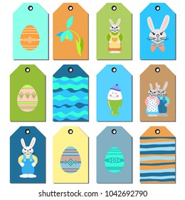 Labels set with varios Easter icons. Vector illustration.