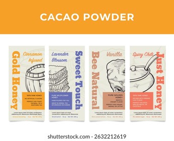 The labels showcase a variety of natural honey products, including infused varieties such as cinnamon and lavender. Each label highlights unique flavors and characteristics that appeal to consumers