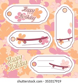 Labels with skateboard and hand sign. Set with a floral pattern for wrapping paper.