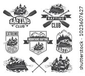 Labels for sport club of extreme dangerous water sport. Vector pictures of rafting, canoe in river extreme logo set