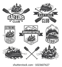 Labels for sport club of extreme dangerous water sport. Vector pictures of rafting, canoe in river extreme logo set