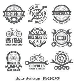 Labels And Sport Logos Set With Parts Of Bicycle. Vector Sport Bicycle, Logo And Badge Repair Bike Illustration