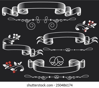 Labels of St. Valentine's Day. A vector illustration with an ancient tape and a beautiful flower. The vector illustration of a tape with structure added. Black background of a blackboard