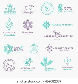 Labels and stickers line set for beauty, natural products, healthcare. Thin line vector illustration concepts for graphic and web design.