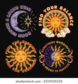 Labels with sun, crescent moon, eclipse, text. Mythological fairytale characters with face. Magic, mystical, astrology concept. For clothing, apparel, T-shirts, surface decoration, kids design