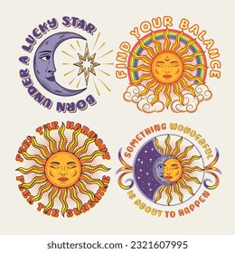 Labels with sun, crescent moon, eclipse, text. Mythological fairytale characters with face. Magic, mystical, astrology concept. For clothing, apparel, T-shirts, surface decoration, kids design