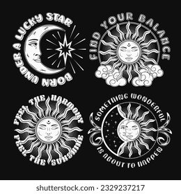 Labels with sun, crescent moon, eclipse, text. Mythological fairytale characters with face. Magic, mystical, astrology concept. For clothing, apparel, T-shirts, surface decoration, kids design