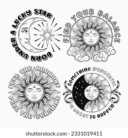 Labels with sun, crescent moon, eclipse, text. Mythological fairytale characters with face. Magic, mystical, astrology concept. For clothing, apparel, T-shirts, surface decoration, kids design