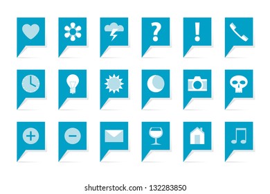 Labels with symbols, 18 blue bubbles on white