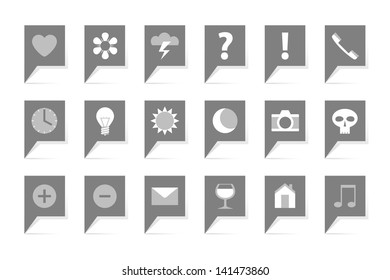Labels with symbols, 18 grey bubbles on white
