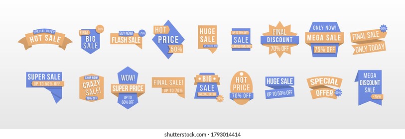 Labels and tags with advertising info for promotion and big sales. Discount label design, sale badges, coupons. Special offer tag collection, banner elements for website and advertising. Vector.