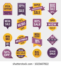 Labels and tags with advertizing info for promotion and big sales. Promotion sale label, sticker price discount, vector illustration