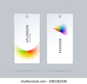 Labels, tags design for sale, clothes, alcohol, wine, bottle, food. Cardboard price with colourful flower shape