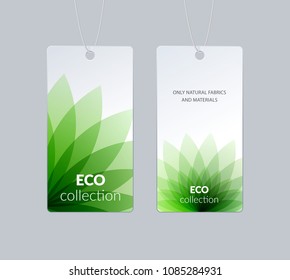Labels, tags design for sale, clothes alcohol wine bottle food. Cardboard price with green eco colourful flower shape