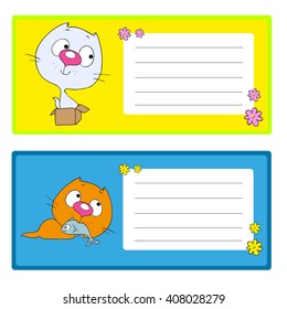 Labels, tags, notes, cards, stickers with cute cat. Space for text.