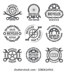 Labels template design with gears, chains and other parts of bicycle