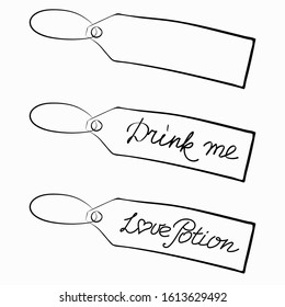 Labels with the text “Drink me” “Love Potion” and with empty space for text. Hand-drawn outline cartoon tags. Stock vector illustration isolated on white background.