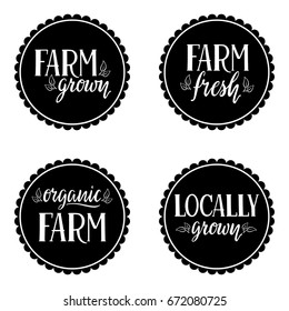 Labels with text organic, farm, fresh, locally grown. Hand lettered badges for farm produce.Vector