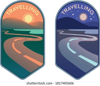 labels for travelling with illustration showing a road and landscape with mountains