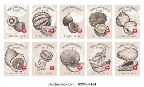 Labels with various fruits, berries and inscriptions. Set templates price tags for shops and markets of organic vegetarian food. Vector illustration art. Vintage. Hand drawing of nature objects.