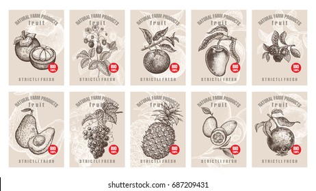 Labels with various fruits, berries and inscriptions. Set templates price tags for shops and markets of organic vegetarian food. Vector illustration art. Vintage. Hand drawing of nature objects.