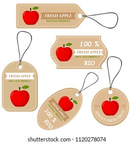 Labels with various fruits,for Apples  and inscriptions. Set templates price tags for shops and markets of organic vegetarian food. Vector illustration