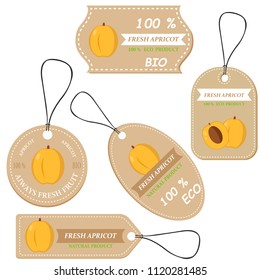 Labels with various fruits,for apricot  and inscriptions. Set templates price tags for shops and markets of organic vegetarian food. Vector illustration