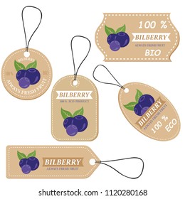 Labels with various fruits,for bilberry  and inscriptions. Set templates price tags for shops and markets of organic vegetarian food. Vector illustration