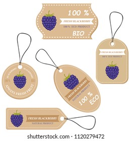 Labels with various fruits,for blackberry  and inscriptions. Set templates price tags for shops and markets of organic vegetarian food. Vector illustration