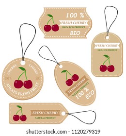 Labels with various fruits,for cherry  and inscriptions. Set templates price tags for shops and markets of organic vegetarian food. Vector illustration