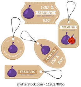 Labels with various fruits,for figs  and inscriptions. Set templates price tags for shops and markets of organic vegetarian food. Vector illustration