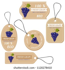 Labels with various fruits,for grape  and inscriptions. Set templates price tags for shops and markets of organic vegetarian food. Vector illustration