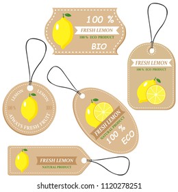 Labels with various fruits,for lemon  and inscriptions. Set templates price tags for shops and markets of organic vegetarian food. Vector illustration