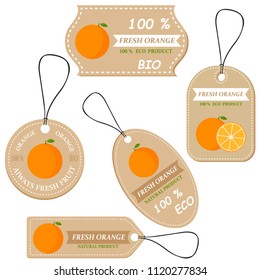 Labels with various fruits,for orange  and inscriptions. Set templates price tags for shops and markets of organic vegetarian food. Vector illustration