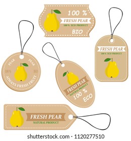 Labels with various fruits,for pear  and inscriptions. Set templates price tags for shops and markets of organic vegetarian food. Vector illustration