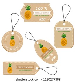 Labels with various fruits,for pineapple  and inscriptions. Set templates price tags for shops and markets of organic vegetarian food. Vector illustration