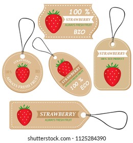 Labels with various fruits,for strawberry  and inscriptions. Set templates price tags for shops and markets of organic vegetarian food. Vector illustration