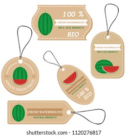 Labels with various fruits,for watermelon  and inscriptions. Set templates price tags for shops and markets of organic vegetarian food. Vector illustration