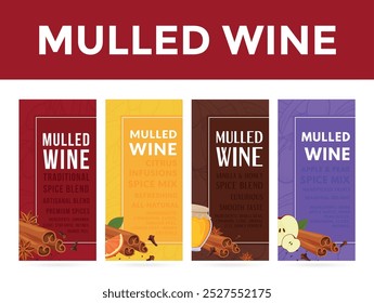 Labels for various mulled wine spice blends designed to create delicious warm drinks. Each blend highlights unique ingredients suited to different tastes.