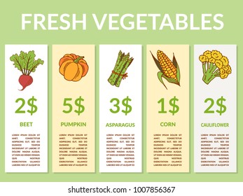 Labels with various vegetables and inscriptions. Set templates price tags for shops and markets of organic vegetarian food. Vector illustration art. Vintage. Hand drawing of nature objects.