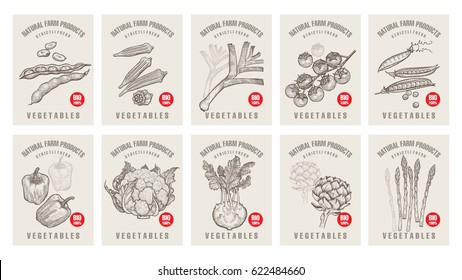 Labels with various vegetables and inscriptions. Set templates price tags for shops and markets of organic vegetarian food. Vector illustration art. Vintage. Hand drawing of nature objects.