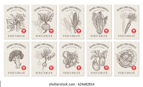 Labels with various vegetables and inscriptions. Set templates price tags for shops and markets of organic vegetarian food. Vector illustration art. Vintage. Hand drawing of nature objects.