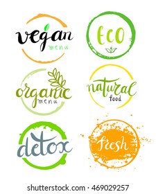 Labels with vegetarian and healthy food diet designs with ink splashes, stains and lettering. Organic food tags and elements set for meal and drink, cafe, restaurants and organic products packaging.