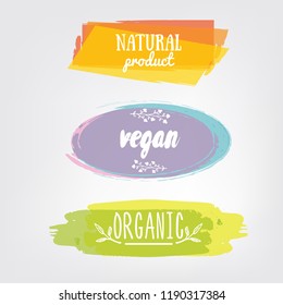 Labels with vegetarian and raw food diet designs. Organic food tags and elements set for meal and drink,cafe, restaurants and organic products packaging.Vector illustrated bio detox logo