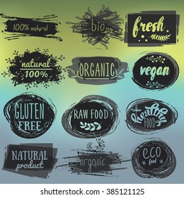 Labels with vegetarian and raw food diet designs. Organic food tags and elements set for meal and drink,cafe, restaurants and organic products packaging.Vector illustrated bio detox logo.